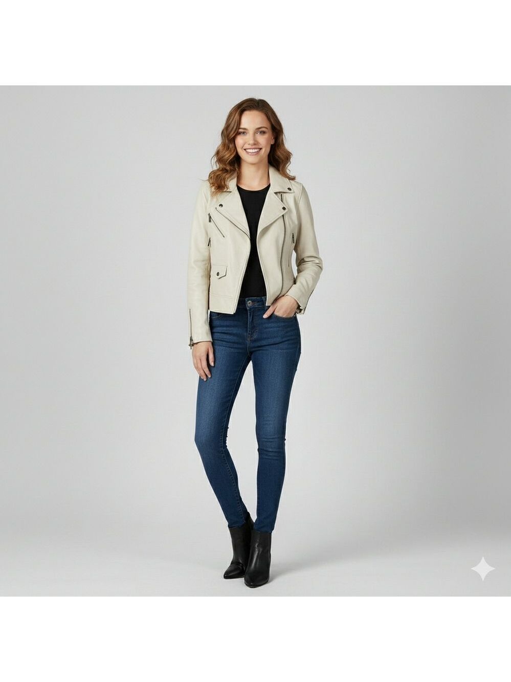 *Bod & Christensen Elegant Cream Leather Biker Jacket – Size L